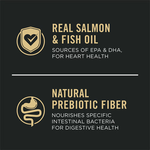 Purina Pro Plan adult dog food with salmon and rice for sensitive skin and stomach, shown in a natural dry kibble form.