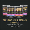 Purina Pro Plan Adult Sensitive Skin & Stomach Salmon and Rice formula dry dog food bag with kibble visible inside.