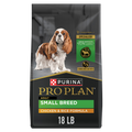 Pro Plan Adult Small Breed Chicken and Rice Formula dry dog food by Purina, featuring small breed kibble and chicken ingredients.