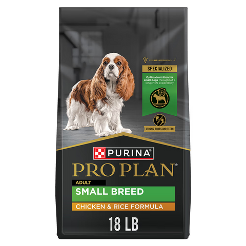 Pro Plan Adult Small Breed Chicken and Rice Formula dry dog food by Purina, featuring small breed kibble and chicken ingredients.
