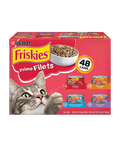 Friskies Prime Filets wet cat food variety pack with 48 cans, featuring colorful cans of savory cat food for adult cats.