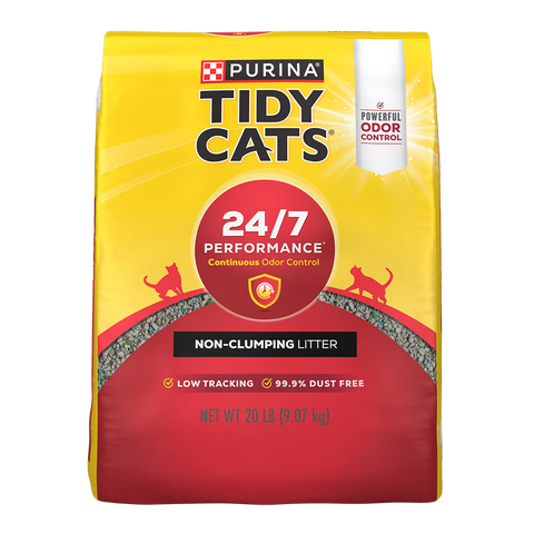 Tidy Cats 24/7 Performance non-clumping cat litter in a large bag, designed for odor control and easy cleaning.
