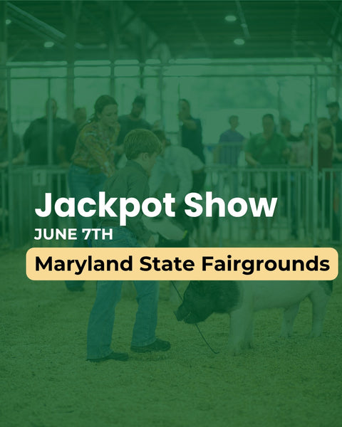 Advertisement for Jackpot Show at Maryland State Fairgrounds with people and a pig.