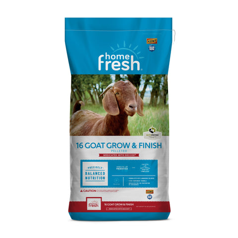 Kent Feeds Home Fresh Goat Grow & Finish 18DQ medicated pellet bag, 50 lb. of goat and sheep feed with detailed product packaging.