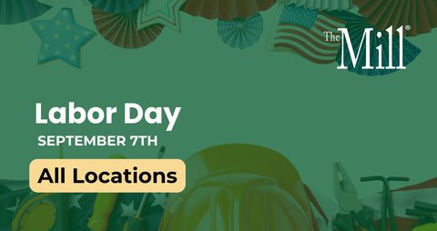 A promo graphic for labor day for all locations with an american flag and workers hat in the background