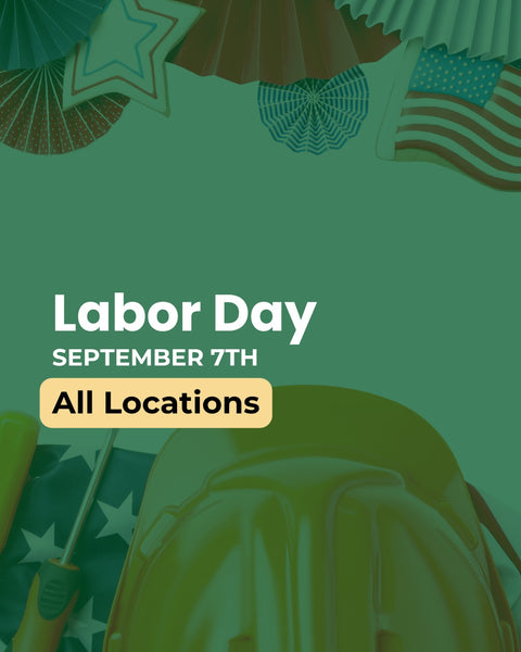 A promo graphic for labor day for all locations with an american flag and workers hat in the background