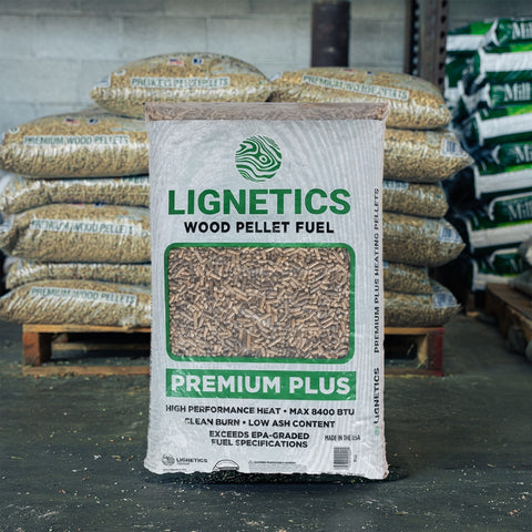 Lignetics premium hardwood heat pellet bag for wood stove heating, showing a full bag of Lignetics heat pellets.