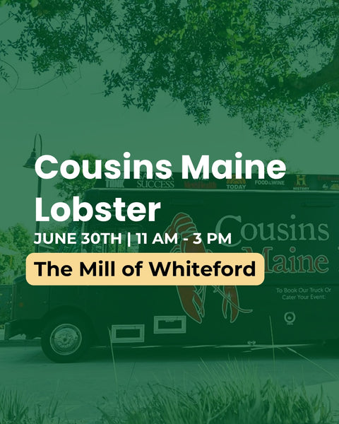 Promotional poster for Cousins Maine Lobster event at The Mill of Whiteford with a green background and truck.