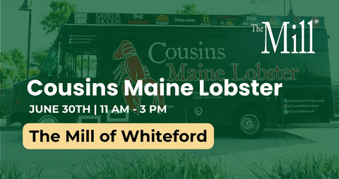 Promotional poster for Cousins Maine Lobster event at The Mill of Whiteford with a green overlay.