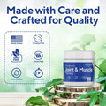 Joint and muscle therapy product with greenery and quality attributes on a light background