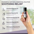 A hand holding a small essential oil bottle labeled Marie Organics Muscle & Joint Essential Oils, set against a soft blurred background with text listing soothing essential oils: chili seed, lavender, peppermint, spearmint, and wintergreen.