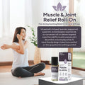 A woman in a white tank top and dark leggings sits cross-legged on a wooden floor in a bright room, holding her head in her hands in apparent discomfort. The image is an advertisement for 'Muscle & Joint Relief Roll-On' by Marie Originals, showing the product bottle and box on a white pedestal alongside descriptive text.