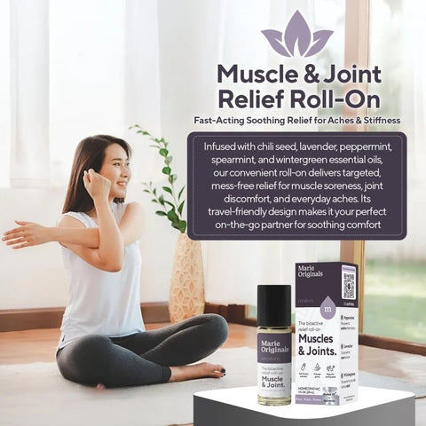 A woman in a white tank top and dark leggings sits cross-legged on a wooden floor in a bright room, holding her head in her hands in apparent discomfort. The image is an advertisement for 'Muscle & Joint Relief Roll-On' by Marie Originals, showing the product bottle and box on a white pedestal alongside descriptive text.