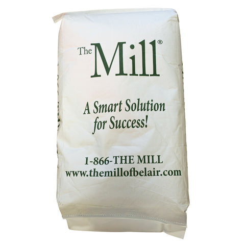 Bag of 'The Mill' with branding and contact information on a white background