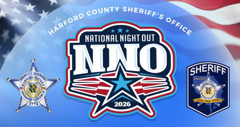 Harford County Sheriff's Office National Night Out 2026 promotional graphic with a large central NNO logo, a sheriff's star badge on the left, and a sheriff's shield badge on the right over a blue American flag background.