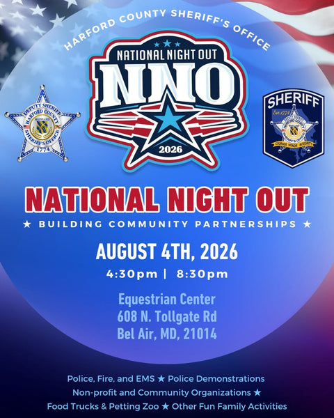 Promotional flyer for the National Night Out 2026 event organized by the Harford County Sheriff's Office, featuring the NNO logo, sheriff's department badges, and event details on a blue and red patriotic background.