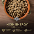 Orange ceramic bowl filled with Diamond High Energy Dry Dog Food kibble, showcasing crunchy, nutrient-rich dog food for active dogs.