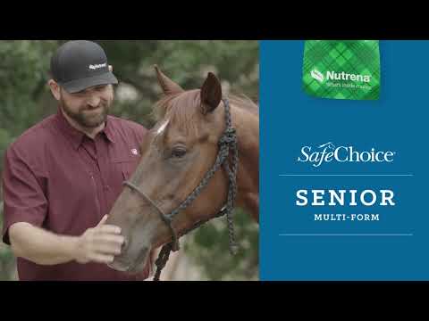An informational video on Nutrena SafeChoice Senior with a man in a hat petting a senior horse. This link leads to YouTube.com.