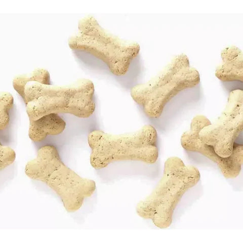 Cute puppy with Bradley Caldwell Inc. Wholesomes Rewards Puppy Original Biscuits in a 2 lb bag, showing the dog treats.