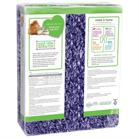 Pet product packaging with purple material and green text on a white background