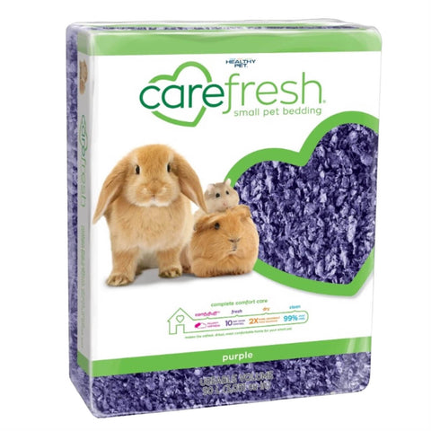 Carefresh small pet bedding packaging with two rabbits and purple bedding on a white background