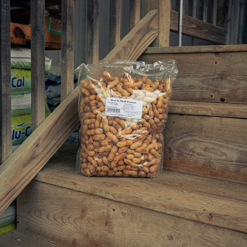 A clear plastic bag filled with roasted peanuts sits on rustic wooden steps. The bag has a white label that reads 'Rice-A-Toast Peanuts' and 'Calories 100 kcal'.