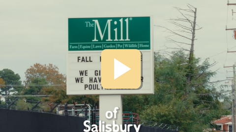 Outdoor sign for 'The Mill' with trees and a building in the background
