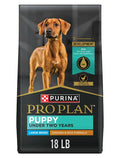 Bag of Purina Pro Plan Puppy Large Breed Chicken & Rice Formula dry dog food showing the product packaging and branding.