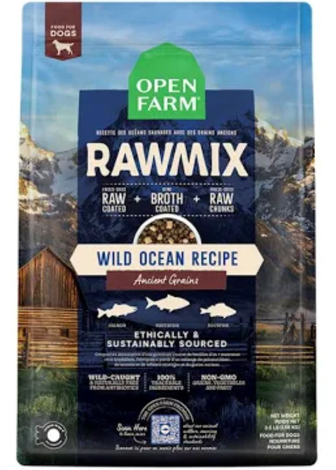 Bag of Open Farm RawMix Wild Ocean and Ancient Grains Dog Food 20lb.