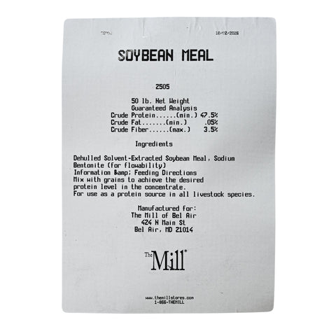 50 lb bag of The Mill Livestock Soybean Meal feed showing a bag of soybean meal for livestock nutrition.