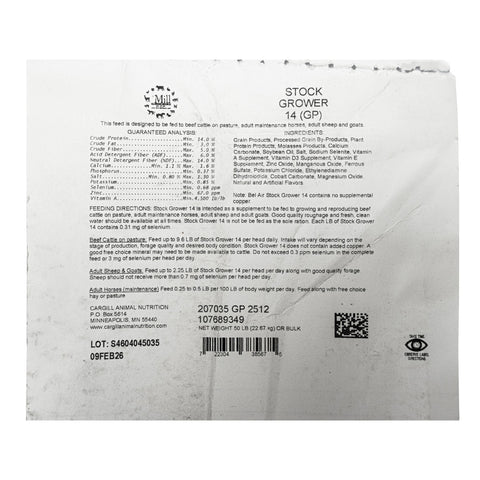 A bag of The Mill Bel Air Stock Grower cattle feed with labeled branding, designed for livestock nutrition and growth.