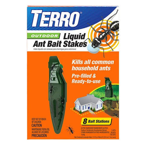 Terro Liquid Ant Bait Stakes in a green and orange package with a white background
