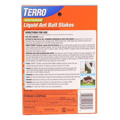 Terro Liquid Ant Bait Stakes in a green and orange package with a white background