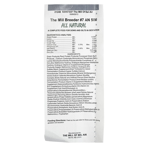 Pellet pig feed labeled The Mill Breeder #7, a 50 lb bag designed for pig nutrition and growth.
