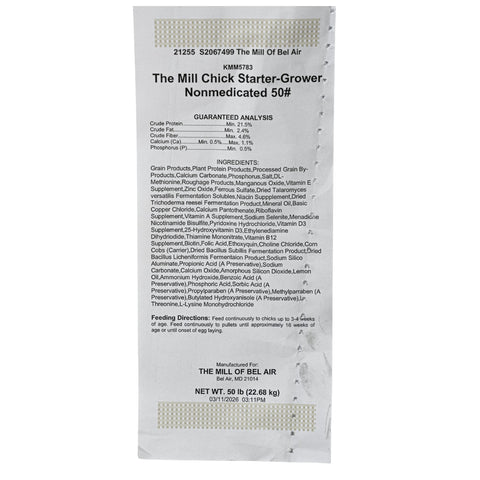 Non-medicated chicken starter feed by The Mill, 50 lb bag, designed for young poultry growth and healthy development.