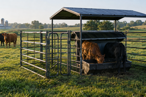A metal cattle chute shelter with a roof in a grassy field, with cows standing and eating inside and two more cows grazing in the background near a farm and silo.