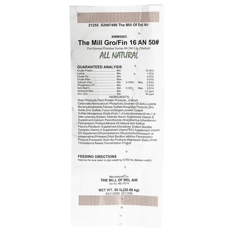 The Mill Grower Finisher 16% pig feed in a 50 lb bag, showing the feedmeal product for pigs.