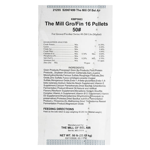 Pellet form pig feed from The Mill Grower Finisher 16% protein, 50 lb bag, suitable for pigs' growth and finishing.