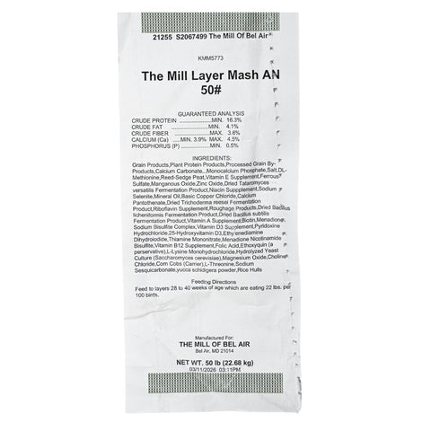 The Mill Layer Mash Chicken Feed in 50 lb bag, showing textured poultry feed designed for laying hens.