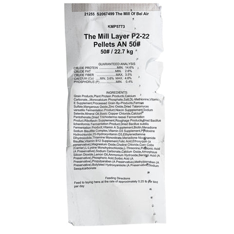 The Mill Layer Pellet Chicken Feed in 50 lb bag, showing golden poultry feed pellets for laying hens.