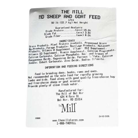 The Mill Mason Dixon Sheep and Goat Feed 50 lb bag showing textured feed pellets for small farm animals.