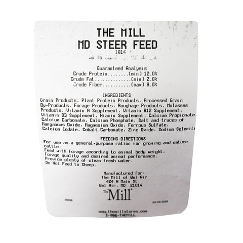 The Mill Mason-Dixon Steer Feed bag showing cattle feed for steers, with branding and colorful packaging design.