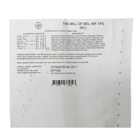 The Mill Beef 14% Show Cattle Feed bag, 50 lb, showing the label with product details and branding for show cattle nutrition.