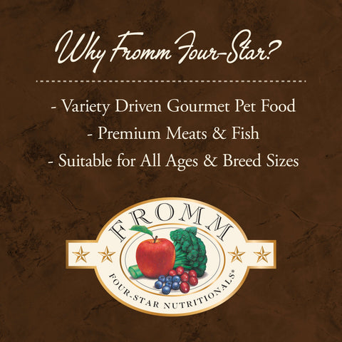 Fromm® Four-Star Salmon À La Veg® dry dog food bag showing the packaging and branding for healthy pet nutrition.