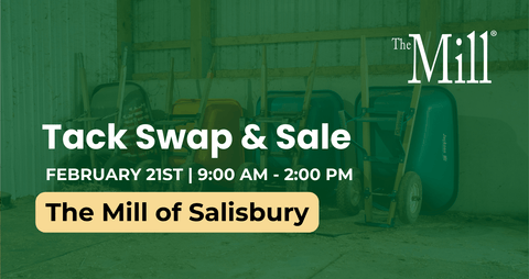 Advertisement for a tack swap and sale event at The Mill of Salisbury with text overlay.