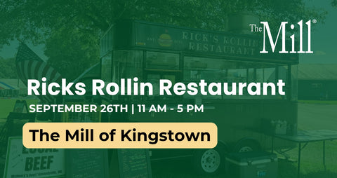 Promotional graphic for Ricks Rollin Restaurant, featuring a faded outdoor photo of a food truck or restaurant structure with large white text reading 'Ricks Rollin Restaurant,' 'September 26th | 11 AM - 5 PM,' and 'The Mill of Kingstown.'.