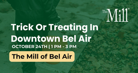 Flyer for Trick or Treating In Downtown Bel Air with a trick or treater in the background