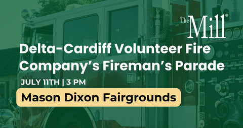 Advertisement for Delta-Cardiff Volunteer Fire Company's Fireman's Parade with a fire truck in the background.