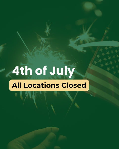 4th of July closing notice with sparklers and American flag on a green background