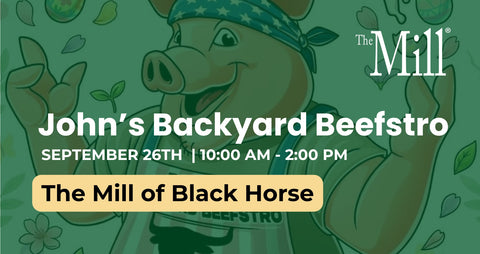 A promotional flier for John's Backyard Beefstro at the mill of black horse with a green background of a pig in a cook outfit